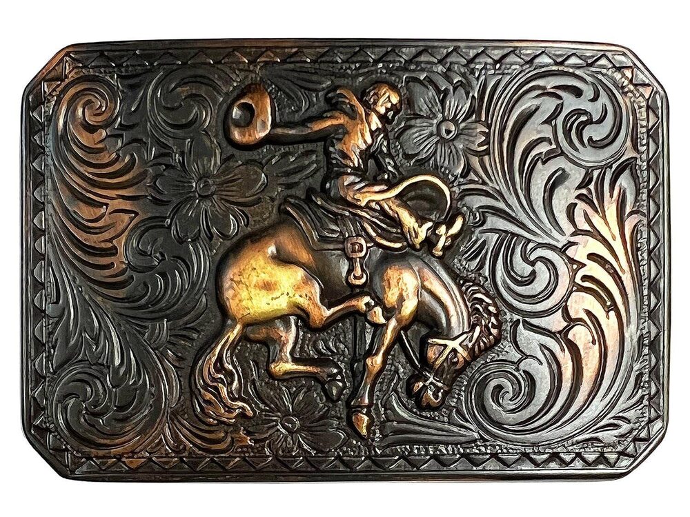9990 Western Copper Bronco Rider Cowboy Engraved Belt Buckle Fits